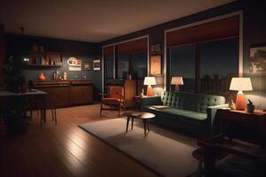 AI generated photorealistic mid century interior at summer night, neural network generated photorealistic image photo