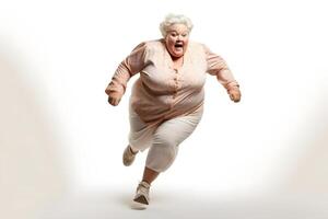 AI generated Overweight senior Caucasian woman running on white background, concept of overweight and weight loss. Neural network generated photorealistic image photo