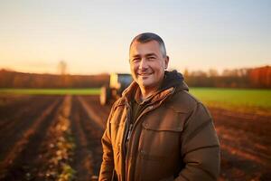 AI generated Farmer in the middle of his plowing field in spring, in the early morning. Neural network generated photorealistic image photo