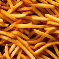 AI generated seamless texture and full-frame background of piled French fries, neural network generated image photo