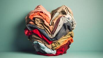 AI generated used clothes folded to form a heart on a light green background, neural network generated photorealistic image photo