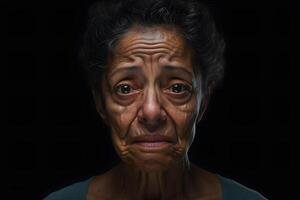 Sad crying senior Latin American woman portrait on black background. Neural network generated photorealistic image photo