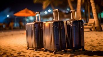 AI generated few modern suitcases on tropical resort beach at night, neural network generated art photo