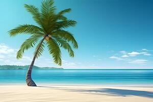 ai generado tropical playa ver a soleado día con blanco arena, turquesa agua y palma árbol, neural red generado imagen foto
