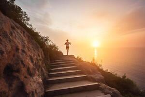 AI generated healthy lifestyle sports woman running up on stone stairs on a cliff at sunrise, neural network generated image photo