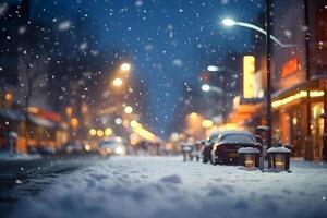 ai generado americano pueblo calle ver a Nevado invierno noche, neural red generado imagen foto