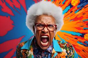 AI generated Angry senior African American woman yelling, head and shoulders portrait on colorful background. Neural network generated photorealistic image. photo