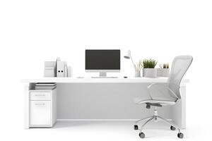 AI generated Office workplace desk in front of empty chair isolated on white background, neural network generated image photo