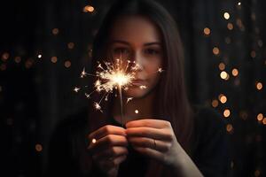 AI generated Amazing sparklers in female hands on dark background, neural network generated photorealistic image photo