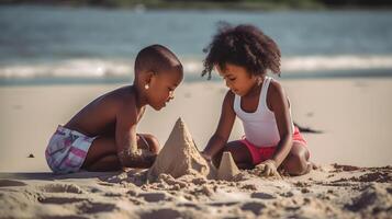 ai generado niños haciendo arena castillos en el playa, neural red generado Arte foto