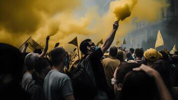 ai generado personas protesta a ciudad calles a día tiempo, Híper realista estilo, neural red generado imagen foto