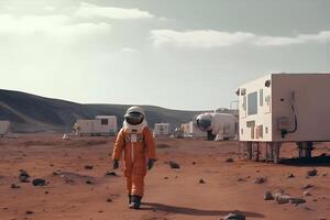 AI generated Astronaut in space suit on martian surface at day light in front of human settlement, neural network generated image photo