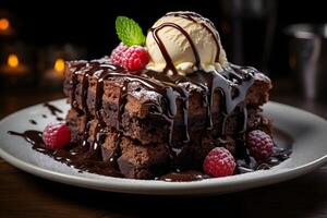 AI generated Slice of delicious and rich chocolate cake, served with a scoop of vanilla ice cream on top and raspberries. Neural network generated photorealistic image photo
