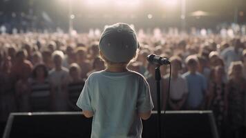 AI generated Small child gives a speech on stage in front of thousands people crowd, view from behind, neural network generated picture photo