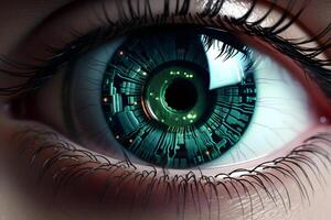 ai generado de cerca ver de normal humano ojo con cibernético alumno. neural red generado fotorrealista imagen foto