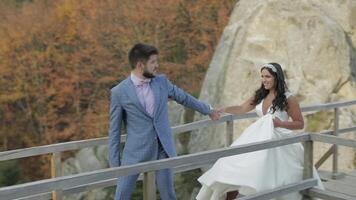 Groom with bride on a bringe near mountain hills in the forest. Wedding couple video