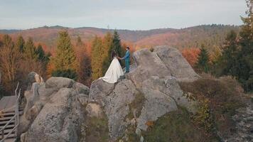 Newlyweds stand on a high slope of the mountain. Groom and bride. Arial view video