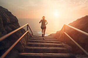 AI generated healthy lifestyle sports woman running on stone stairs on a cliff at sunrise, neural network generated image photo