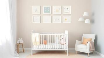 AI generated Bright white minimalist nursery wall with frames above cradle, neural network generated image photo