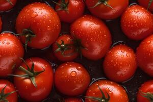 AI generated Fresh red tomatoes with water drops seamless closeup background and texture, neural network generated image photo