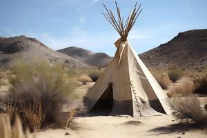 AI generated Native American tent in the desert at sunny summer day, neural network generated image photo