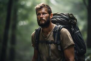 AI generated Caucasian young adult man with backpack in forest at summer day, neural network generated photorealistic image photo