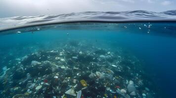 ai generado el plastico basura flotante en Oceano superficie a luz, neural red generado imagen foto