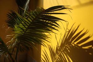 ai generado sombra de un palma hojas en un amarillo muro, neural red generado imagen foto