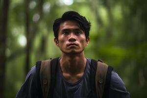 AI generated Asian man in summer forest at day, neural network generated photorealistic image photo