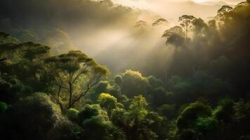 AI generated spectacular view on the rainforest in the sunrise, neural network generated photorealistic image photo