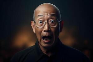 AI generated Surprised Asian man with glasses on dark background. Neural network generated photorealistic image. photo