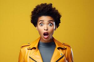 AI generated surprised African American woman, head and shoulders portrait on yellow background. Neural network generated image photo