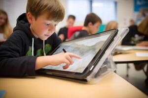 ai generado tecnología en salón de clases - niños estudiantes en colegio utilizando tableta ordenadores durante educación proceso, fotorrealista, neural red generado imagen foto