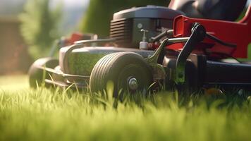 AI generated close up of lawn mower in action on lawn at sunny summer day, neur al network generated image photo