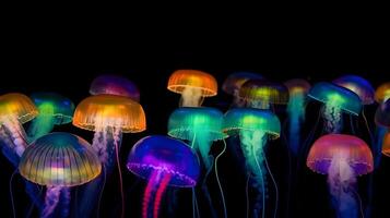 AI generated glowing sea jellyfishes on dark background, neural network generated image photo