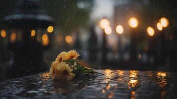 AI generated rainy funeral with yellow flowers bouqet with bokeh, neural network generated photorealistic image photo