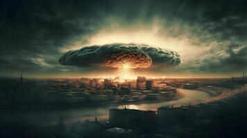 ai generado nuclear explosión seta nube terminado ruso ciudad a mañana, neural red generado Arte foto