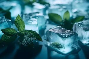 AI generated Ice cubes with fresh green mint leaves closeup on dark background, neural network generated image photo