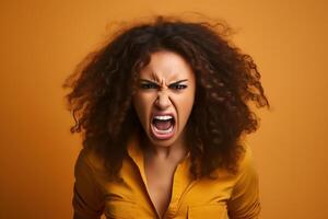 AI generated Angry young adult African American woman yelling, head and shoulders portrait on orange background. Neural network generated photorealistic image. photo