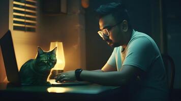 AI generated adult indian man using laptop at working table with his cat at night at home office, neural network generated image photo