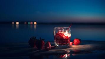 AI generated One glass of strawberries cold refreshing drink on sea background at summer evening, neural network generated image photo