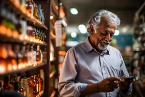 AI generated senior Mexican man choosing a product in a grocery store. Neural network generated photorealistic image photo