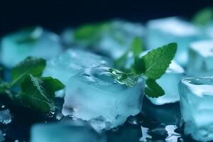 AI generated Ice cubes with fresh green mint leaves closeup on dark background, neural network generated image photo