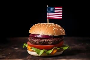 ai generado hamburguesa con pequeño americano bandera en él, oscuro fondo, nosotros patriótico orgulloso tema, neural red generado imagen foto