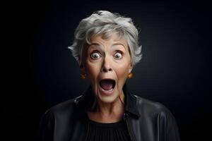 AI generated Surprised gray-haired Caucasian woman on black background. Neural network generated photorealistic image. photo