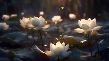 AI generated zen ambience - lotus flower on water surface with bokeh. Neural network generated image photo