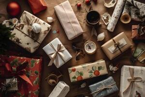 AI generated Overhead view of many Christmas presents wrapped with craft paper on paper surface, neural network generated photorealistic image photo