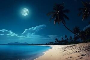 AI generated tropical beach view with white sand, turquoise water and palm tree at full moon night, neural network generated photorealistic image photo