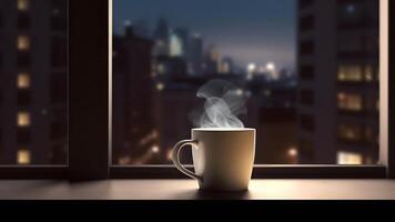 AI generated hot coffee cup on windowsill with blurry night city in the background, neural network generated image photo