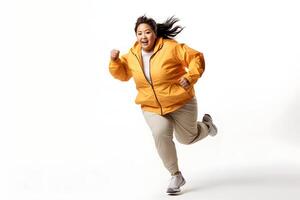 AI generated Overweight Asian woman running on white background, concept of overweight and weight loss. Neural network generated photorealistic image photo